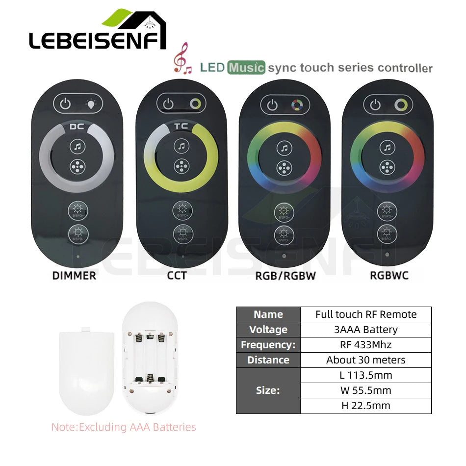 Music Sync Controller and RF Full Touch Remote Control Dimmer for DC5V 24V 12V RGBCCT RGBWC RGB CCT Color 1~5 Ch LED Strip Light