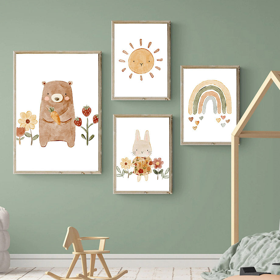 Bohemian Style Cartoon Bear Rabbit Alpaca Rainbow Sun Wall Art Canvas Painting