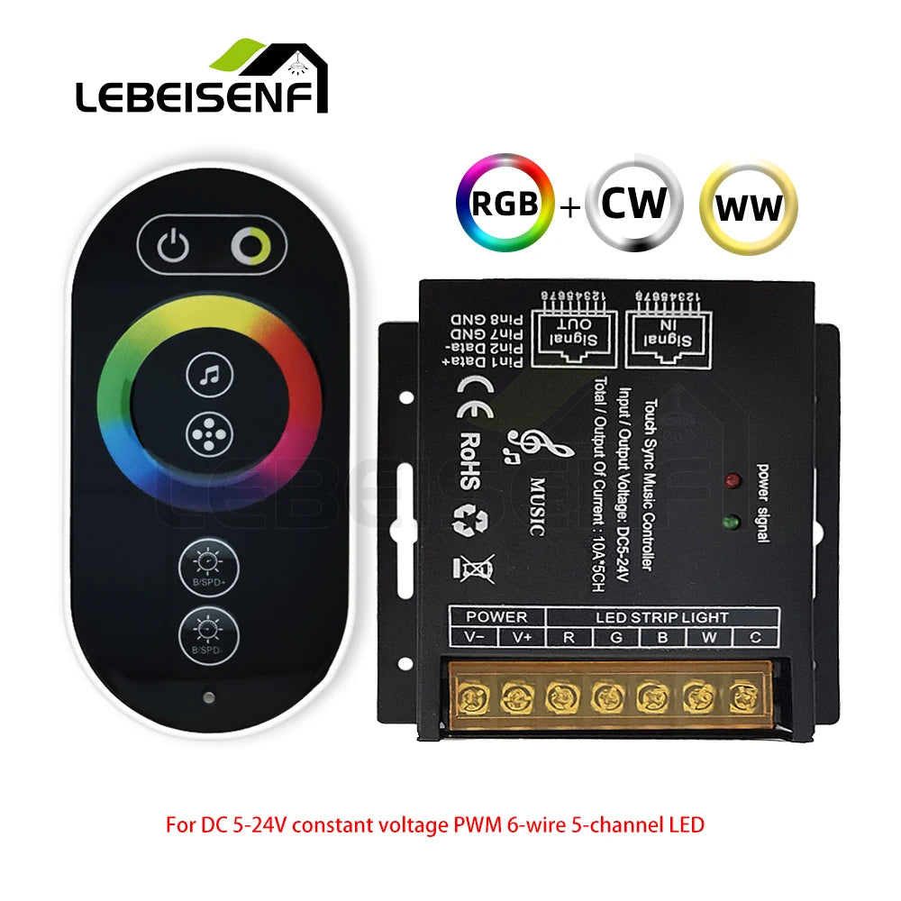 Music Sync Controller and RF Full Touch Remote Control Dimmer for DC5V 24V 12V RGBCCT RGBWC RGB CCT Color 1~5 Ch LED Strip Light