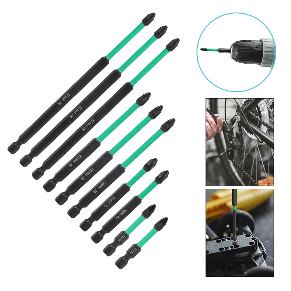 10Pcs PZ2 Magnetic Driver Bits Heavy Duty Hex Screwdriver Bit Set For Socket Switch Electrician Nutdrivers Power Tool 50-150mm